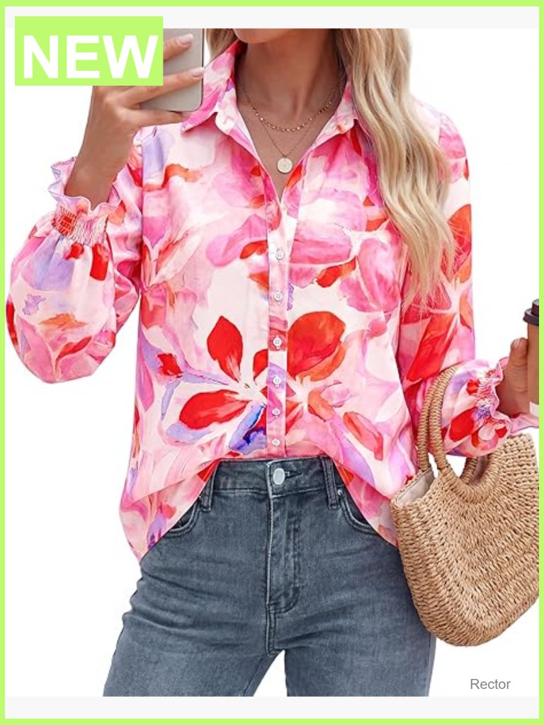 Floral Long Sleeve V Neck Button Down Blouse Lightweight Work Top
